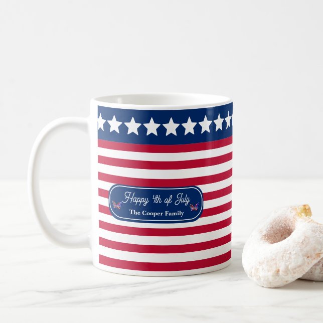 Mug Drapeau américain patriotique Joyeux 4 juillet Nom (Avec donut)