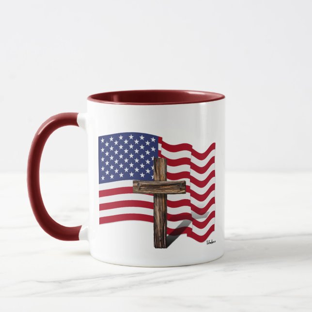 Mug Drapeau américain qui flotte et croix robuste (Gauche)