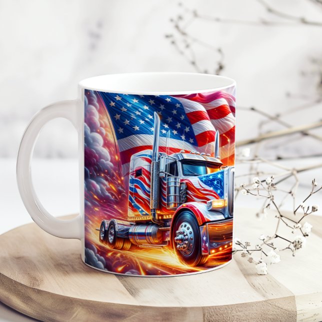 Mug Drapeau Américain Rouge Blanc Bleu Camion 18 Roues (Créateur téléchargé)