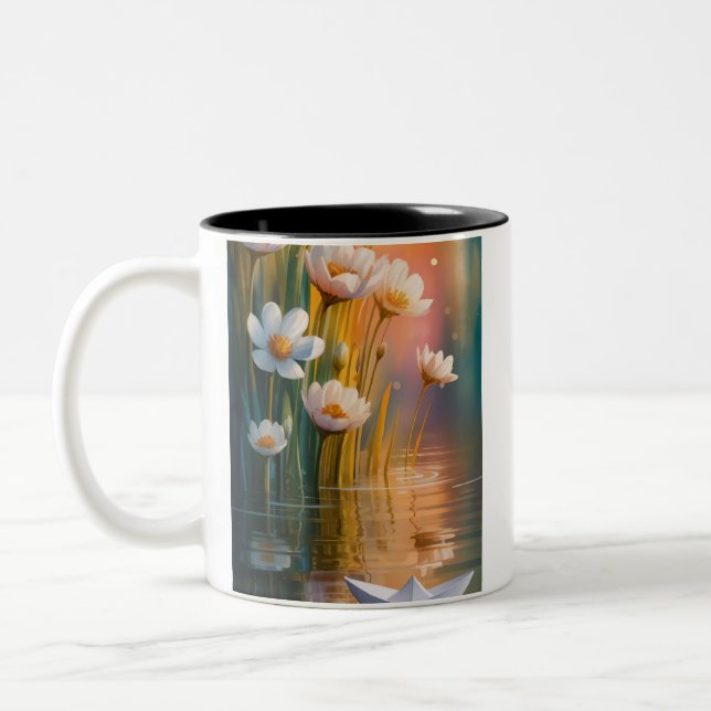 Mug Dreamy Paper Boat & White Flowers at Sunset –  (Gauche)