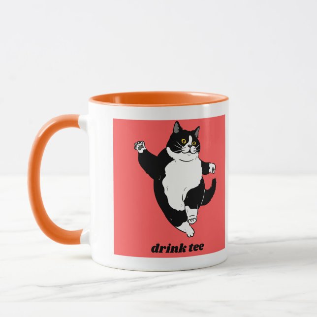 Mug "Drink Tee" Tuxedo Cat Illustration (Gauche)