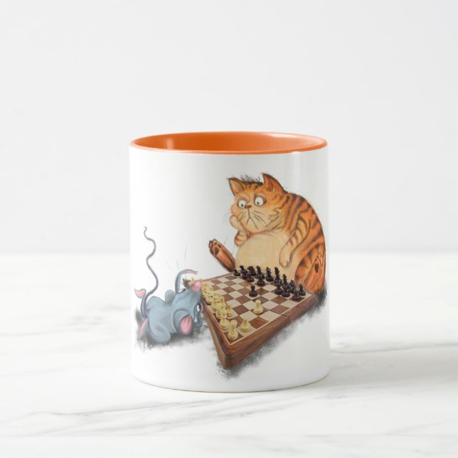 Mug drôle avec chat et souris jouer aux échecs (Centre)