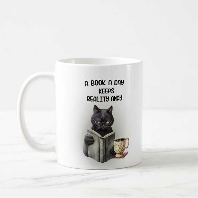 Mug Drôle Black Cat Coffee Book Day garde la réalité l (Gauche)