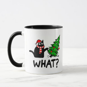 Mug Drôle cadeau de chat noir Poussant l'arbre de Noël