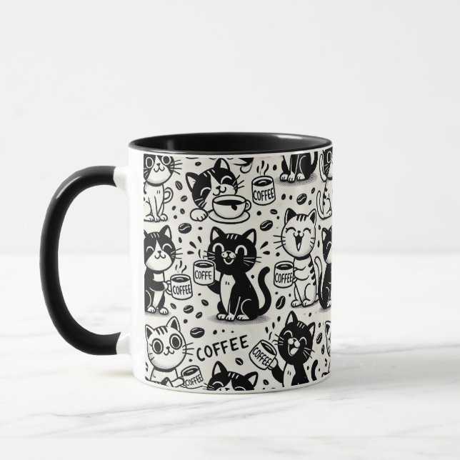 Mug drôle de chat noir et blanc buvant du café (Gauche)
