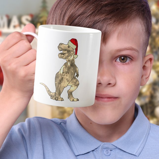 Mug Drôle Festif Tyrannosaurus Rex Père Noël Dinosaur  (Christmas dinosaur T-Rex wearing a Santa hat holiday mug)