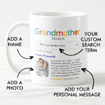 Mug Drôle Meilleur Grand-Mère Jamais Résultats De Rech<br><div class="desc">Amusante tasse pour grand-mères avec le logo 'recherche de grand-mère' et un résultat de recherche unique pour "Meilleure grand-mère jamais", avec le nom de votre grand-mère, une photo, votre message personnel et une note 5 étoiles. Si vous avez besoin d'aide pour customiser ceci, s'il vous plaît envoyez-moi un message en...</div>