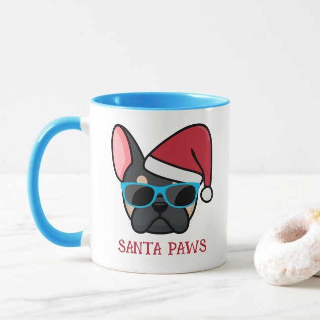 Mug Drôle noir Tan Frenchie Père Noël Paws Noël (Avec donut)