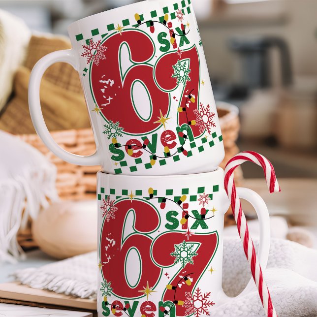 Mug Drôle Six Sept 67 6 7 Mème Amusant Noël 15 oz (Funny Christmas six seven 67 6 7 meme trendy retro Xmas santa lights holiday humor coffee mug gift)