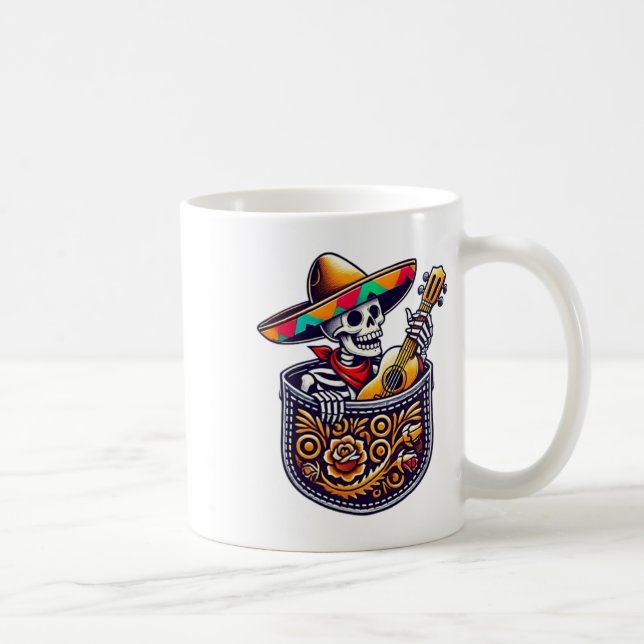Mug Drôle Skeleton Mariachi Guitare Pocket Cinco De Ma (Droite)