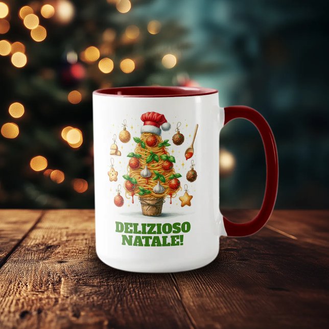 Mug Drôle Spaghetti Arbre de Noël Delizioso Natale! (Funny Spaghetti Christmas Tree 15oz Two-Tone Mug)