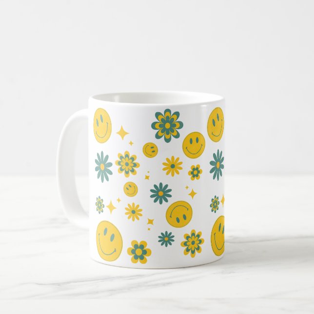 Mug drôle visage sourire et fleurs super (Devant gauche)