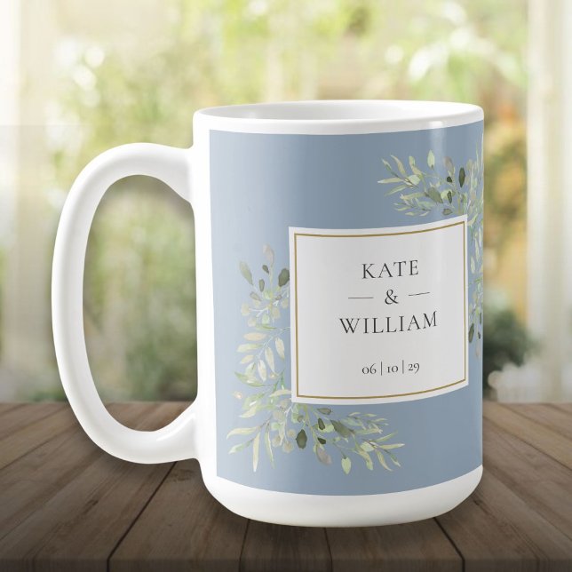 Mug Dusty Blue Elegant Aquarelle Mariage vert (Dusty Blue Elegant Watercolor Greenery Wedding Coffee Mug)
