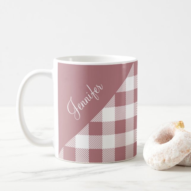 Mug Dusty Rose Pink Buffalo Plaid Check Nom du Motif (Avec donut)