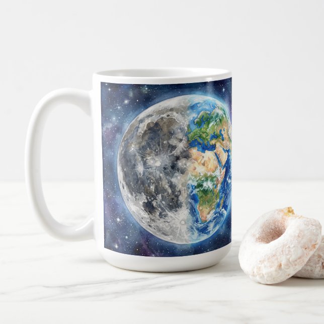 Mug Earth & Moon Watercolor Galaxy Celestial Design (Avec donut)