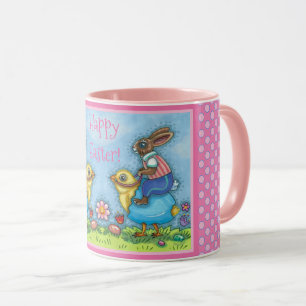 MUG EASTER BUNNY ÉQUITATION CUTE POULET EN OEUF BLEU,