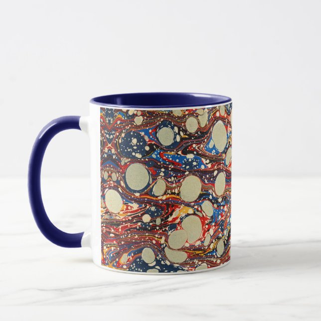 MUG EAUX ABSTRAITES ROUGES BLEU MARBLÉES, CERCLES BLAN (Gauche)