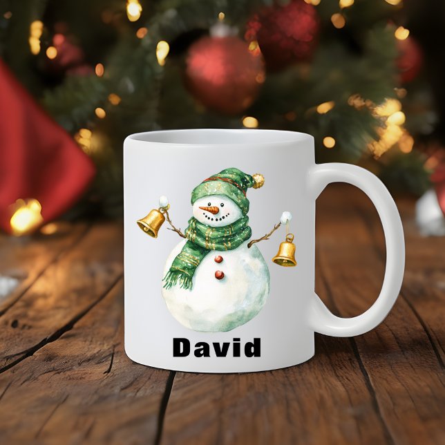 Mug Écharpe verte Noël Snowman avec cloches (Green Scarf Christmas Snowman with Bells Coffee Mug
)