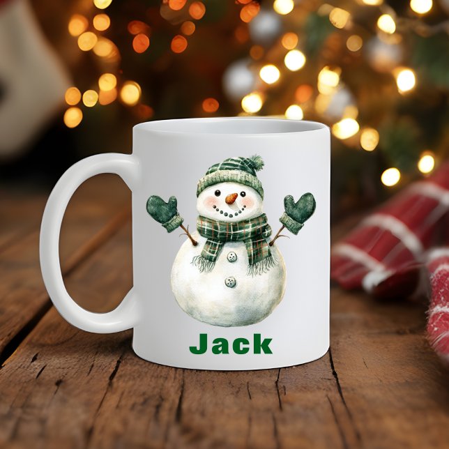 Mug Écharpe verte Noël Snowman Nom personnalisé (Christmas Snowman Green Scarf Custom Name Coffee Mug
)