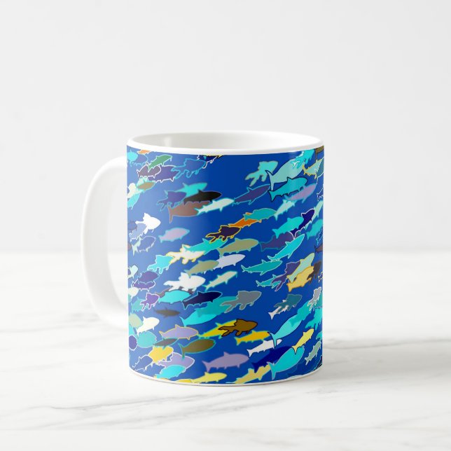 Mug École de poisson, bleu foncé, blanc et turquoise (Devant gauche)