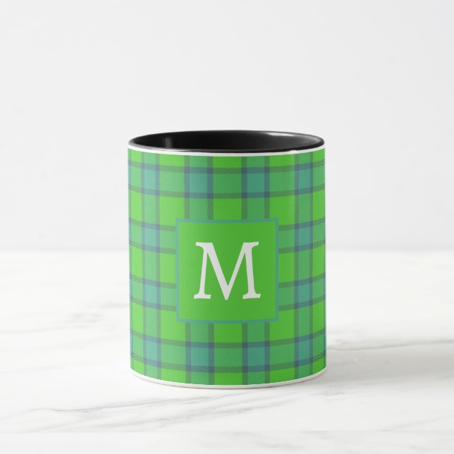 Mug Écossais vert & carreaux tartan bleu monogramme no (Centre)