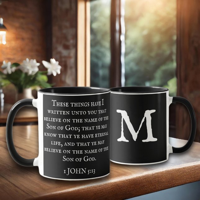 Mug Écriture 1 Jean 5:13 KJV Monogramme Noir (Créateur téléchargé)