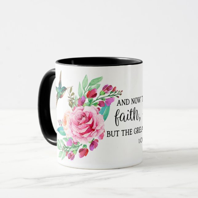 Mug Écriture Bible Verse Rose Rose Oiseau Religieux (Devant gauche)