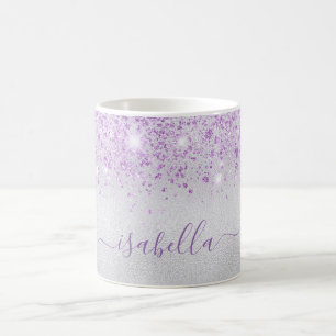 Mug Écriture de nom en paillettes de lavande argentée