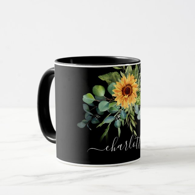 Mug Écriture du nom de la végétation du tournesol noir (Devant gauche)