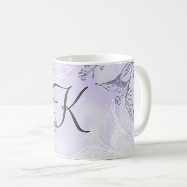 Mug Écriture Monogramme Blanc Gris Violet Floral  (Devant droit)