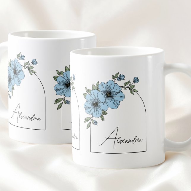 Mug Écriture noire botanique élégante florale bleue (Botanical Arch Black Script Elegant Blue Floral Coffee Mug)