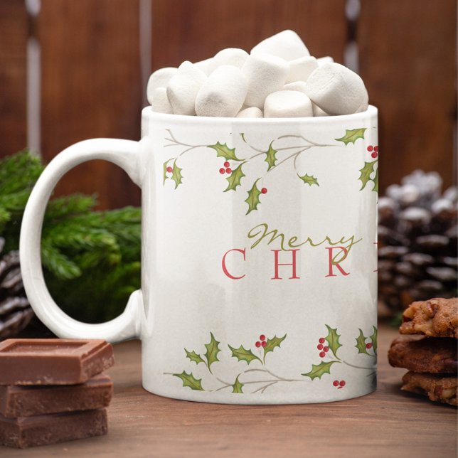 Mug éditable Holiday Holly (Merry Christmas Red Holly Coffee Mug)