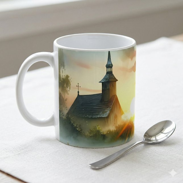 Mug Église au lever du soleil avec oiseaux dans un pré (Sunrise Church with Birds in Misty Meadow No Verse Coffee Mug On Kitchen Counter)