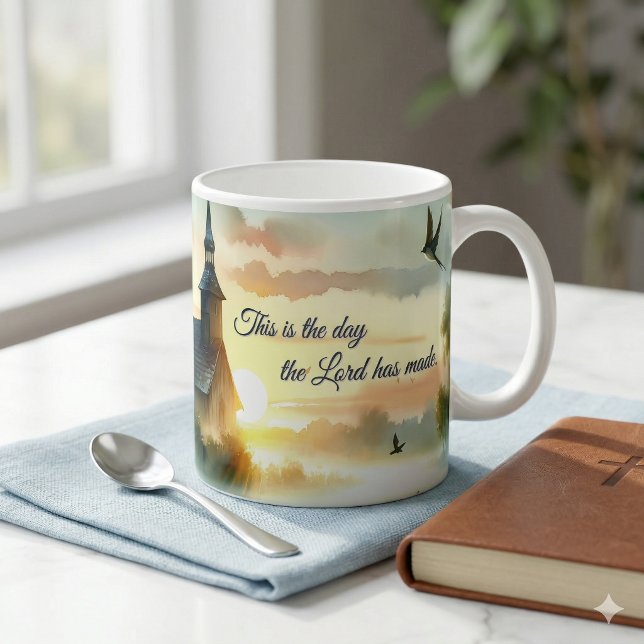Mug Église au lever du soleil avec oiseaux dans une pr (Sunrise Church with Birds in Misty Meadow Text Coffee Mug On Kitchen Island)
