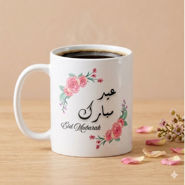 Mug Eid Mubarak Floral Moderne Anglais & Arabe (White ceramic mug with a floral frame and the message "Eid Mubarak" in English and Arabic)