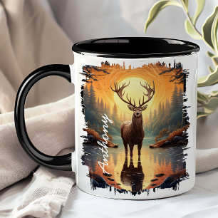 Mug Élan dans le reflet d'un lac de forêt automnale