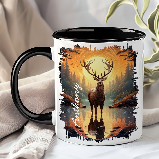 Mug Élan dans le reflet d'un lac de forêt automnale (Créateur téléchargé)