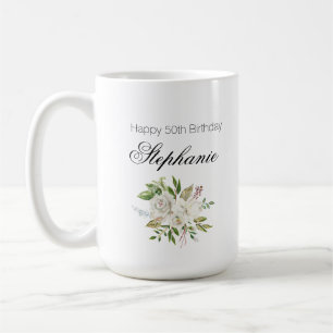 Mug Élégant 50e anniversaire Floral blanc