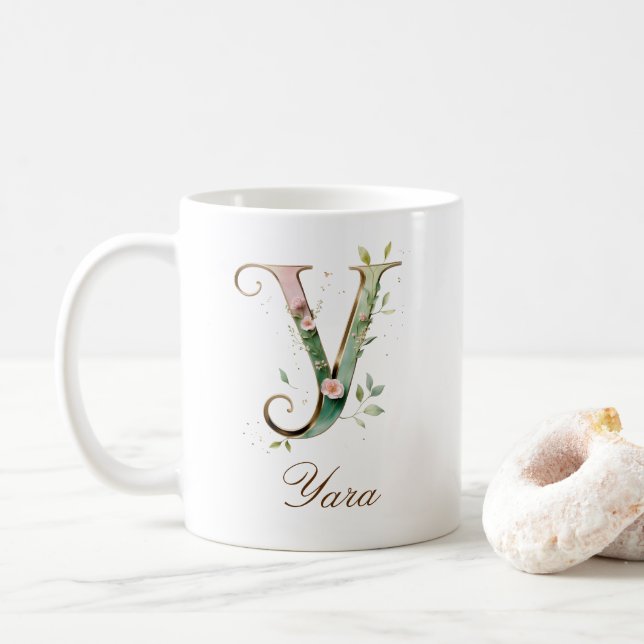 Mug élégant à monogramme lettre Y florale or (Avec donut)