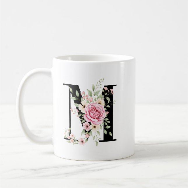 Mug Elegant Alphabet Coffee Cup with Pink Rose Design (Gauche)
