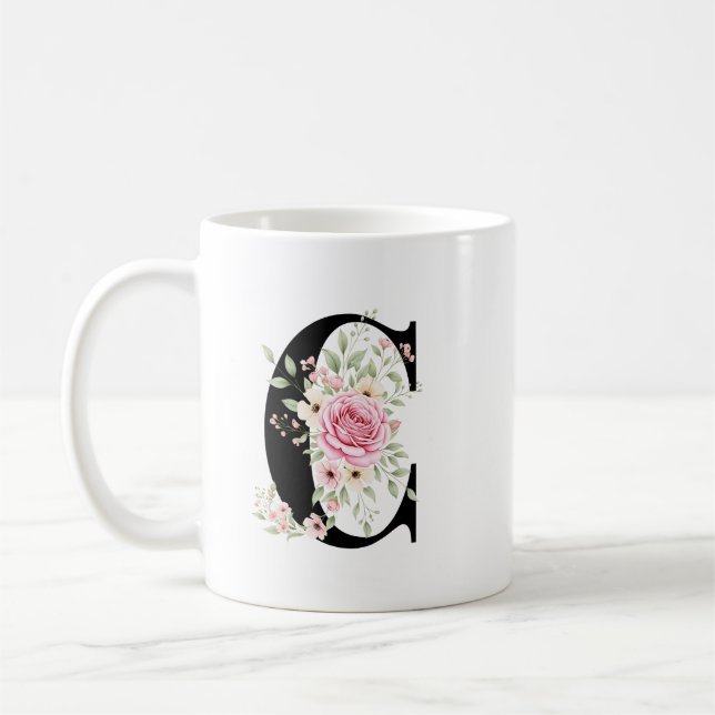 Mug Elegant Alphabet Coffee Cup with Pink Rose Design (Gauche)