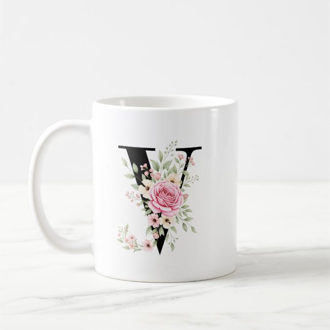 Mug Elegant Alphabet Coffee Cup with Pink Rose Design (Gauche)