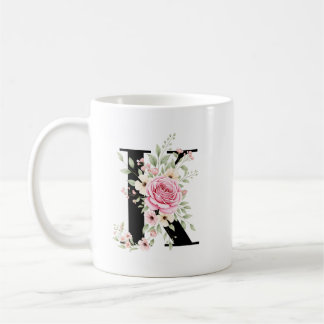 Mug Elegant Alphabet Coffee Cup with Pink Rose Design