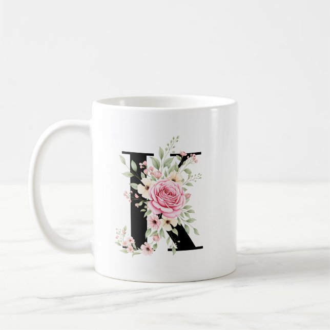 Mug Elegant Alphabet Coffee Cup with Pink Rose Design (Gauche)