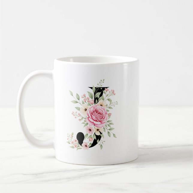 Mug Elegant Alphabet Coffee Cup with Pink Rose Design (Gauche)