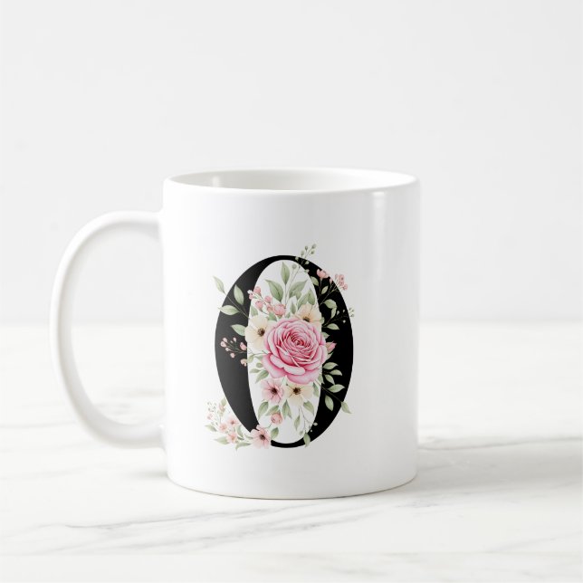 Mug Elegant Alphabet Coffee Cup with Pink Rose Design (Gauche)