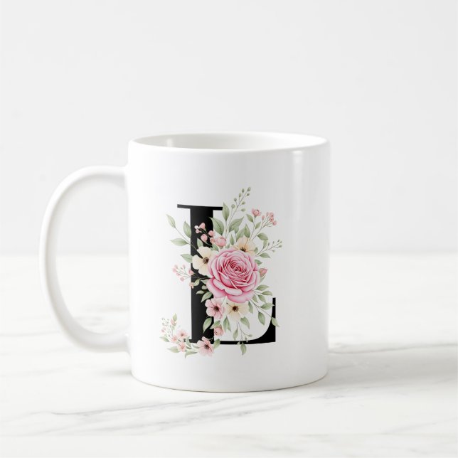 Mug Elegant Alphabet Coffee Cup with Pink Rose Design (Gauche)