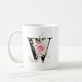 Mug Elegant Alphabet Coffee Cup with Pink Rose Design