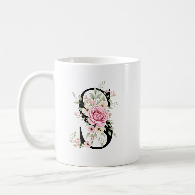 Mug Elegant Alphabet Coffee Cup with Pink Rose Design (Gauche)