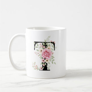 Mug Elegant Alphabet Coffee Cup with Pink Rose Design